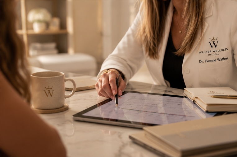 Dr. Walker reviewing results on a tablet with a patient.